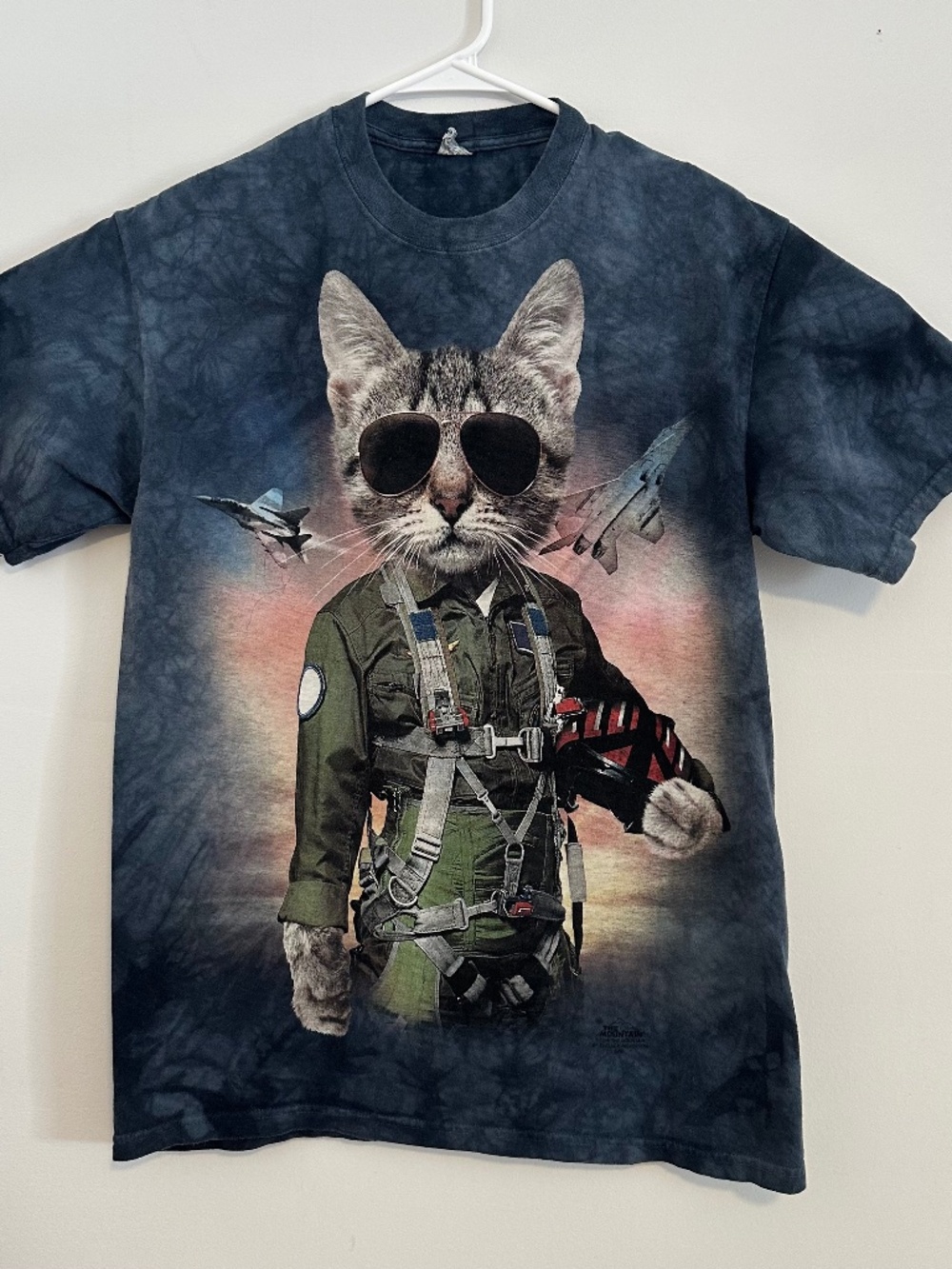 The Mountain Aviator Cat Animal Print T-Shirt Medium Blue Y2K Short Sleeve